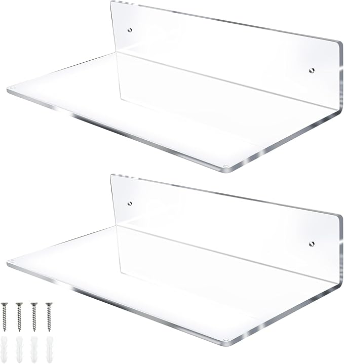 L-Shaped Clear Acrylic Floating 8-Inch Wall Shelves (2-Pack)