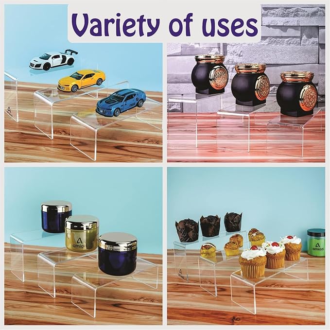 Clear Acrylic Showcase Display Risers – Dessert, Cupcake, Shoe, and Cosmetics Display Stands